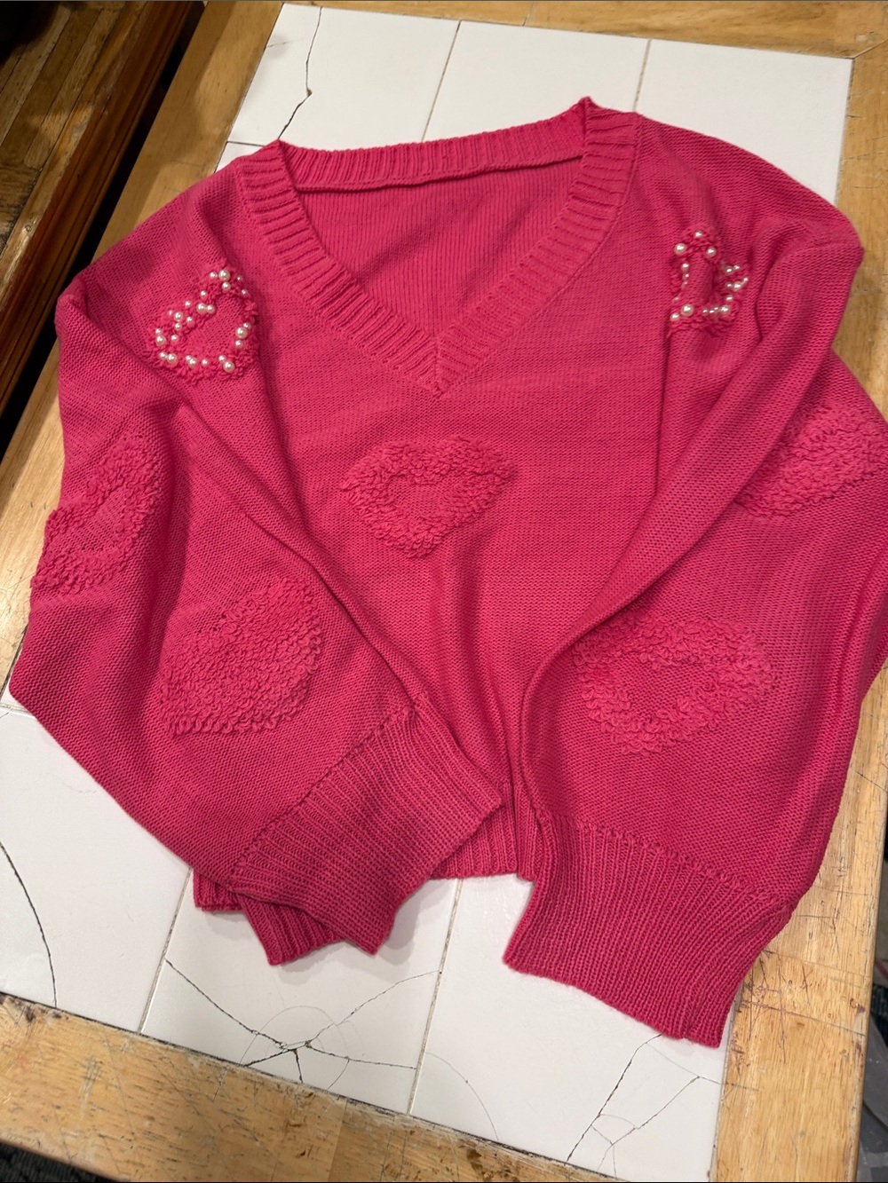 V-Neck Heart Detail Sweater in Bright Pink
